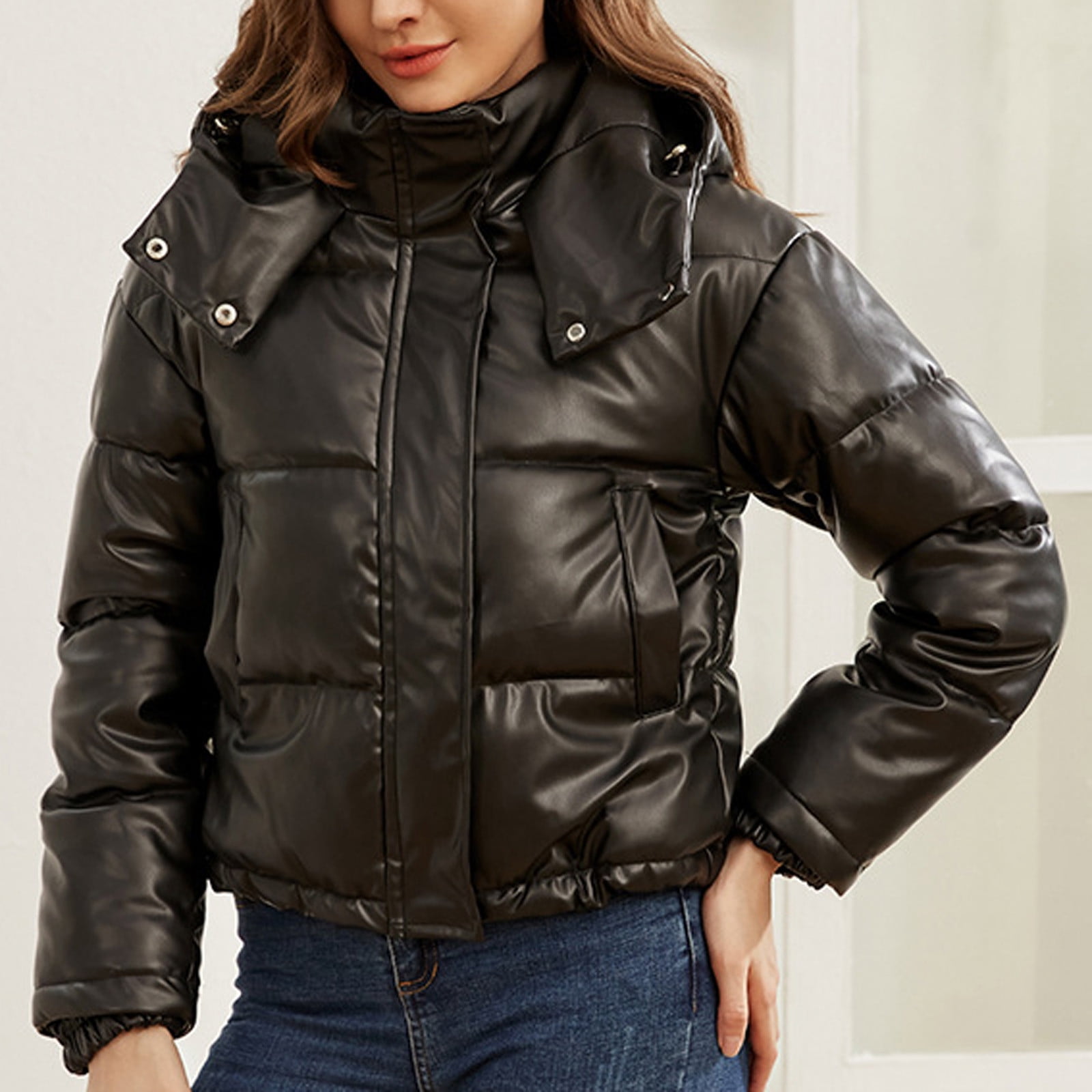 ☆送料・関税込☆MONGDOL★FAUX LEATHER CROPPED PUFFER JACKET Yuwull Women'S Crop Hooded Puffer Jacket Zip Up Winter