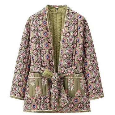 Yuwull Women'S Floral Print Quilted Puffer Jacket Open Front Lightweight Vintage Padded Coat Outerwear With Pockets