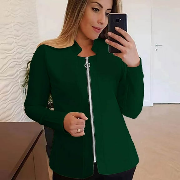 Yuwull Women'S Plus Size Casual Solid Color Zipper Long Sleeve Jacket Slim Jacket Going Out Top Sports S-5Xl
