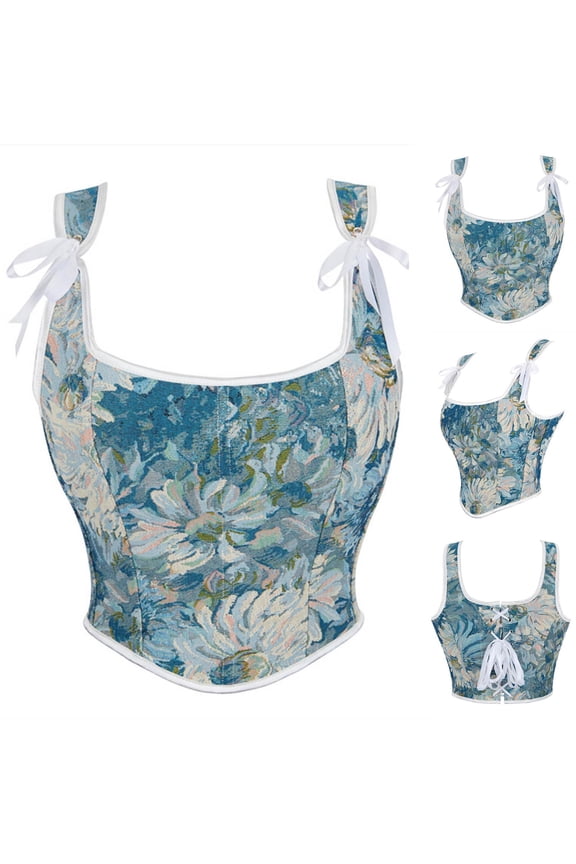 Women'S Summer Floral Corset Crop Top Strap Boned Bustier Cute Tie Back Party Bodyshaper
