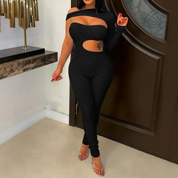 Yuwull Women Sexy Jumpsuits One Sleeve Irregular Lace Up Bodycon Long Pants Rompers Club Night Outwear