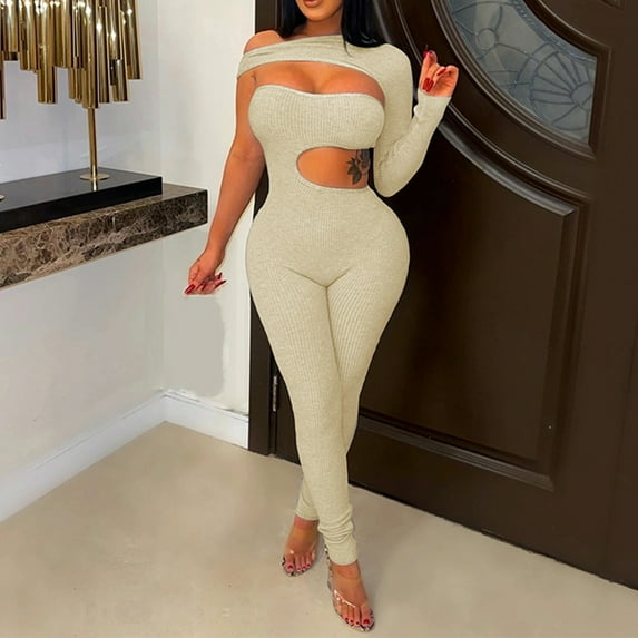 Yuwull Women Sexy Jumpsuits One Sleeve Irregular Lace Up Bodycon Long Pants Rompers Club Night Outwear