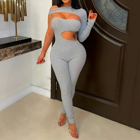 Yuwull Women Sexy Jumpsuits One Sleeve Irregular Lace Up Bodycon Long Pants Rompers Club Night Outwear