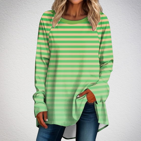 Yuwull Women Tops Striped Long Sleeve Casual Tunic Round Neck Tops Loose Blouse Shirt Pullover