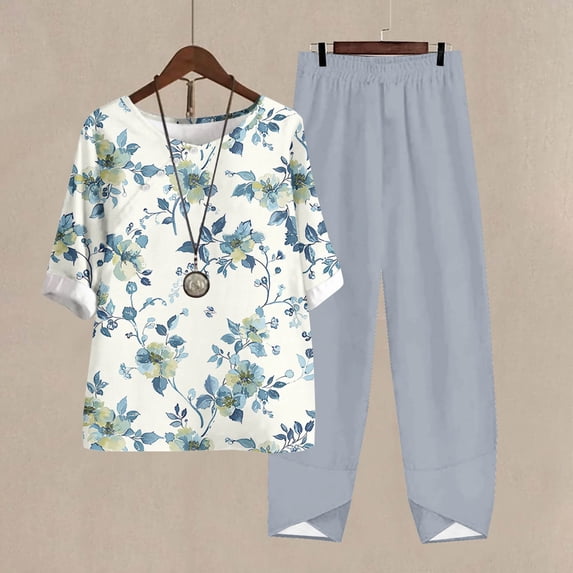 Yuwull Women's 2 Piece Outfits Casual Button Crewneck Floral Printed Short Sleeve Tops and Wide Leg Capris Pants Lounge Sets Tracksuits S-4XL (Available in Plus Size) On Clearance