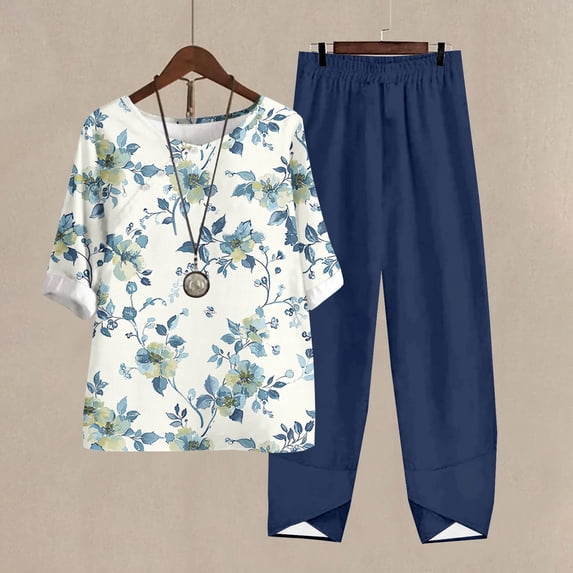 Yuwull Women's 2 Piece Outfits Casual Button Crewneck Floral Printed Short Sleeve Tops and Wide Leg Capris Pants Lounge Sets Tracksuits S-4XL (Available in Plus Size) On Clearance