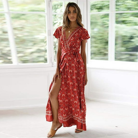 GYEDTR Women's Summer Wrap V Neck Maxi Dress Short Sleeve Floral Print Belted Boho Flowy Loose Kimono Slit Long Dresses
