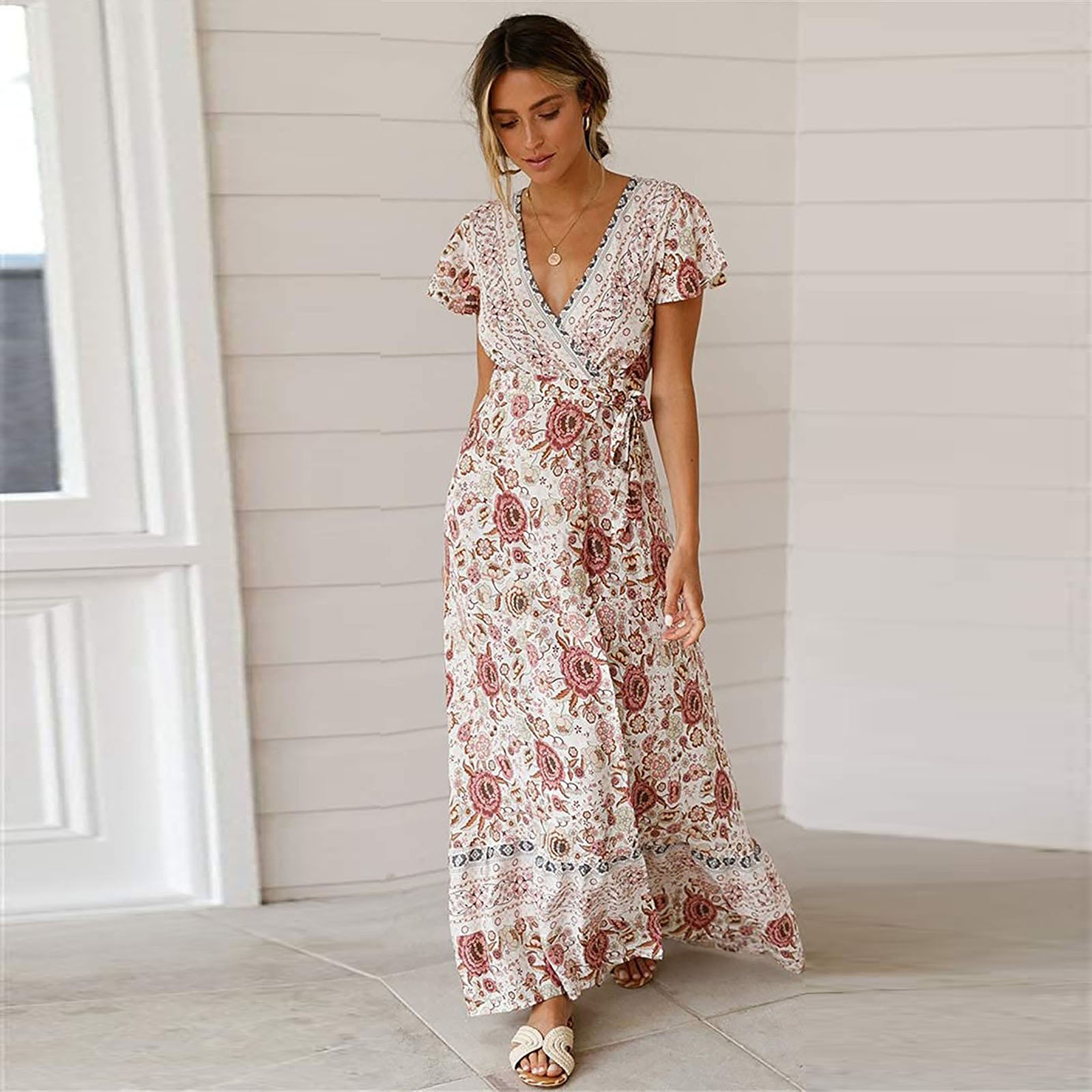Yuwull Women s 2023 Summer Wrap V Neck Maxi Dress Short Sleeve Floral Print Belted Boho Flowy Loose Kimono Slit Long Dresses