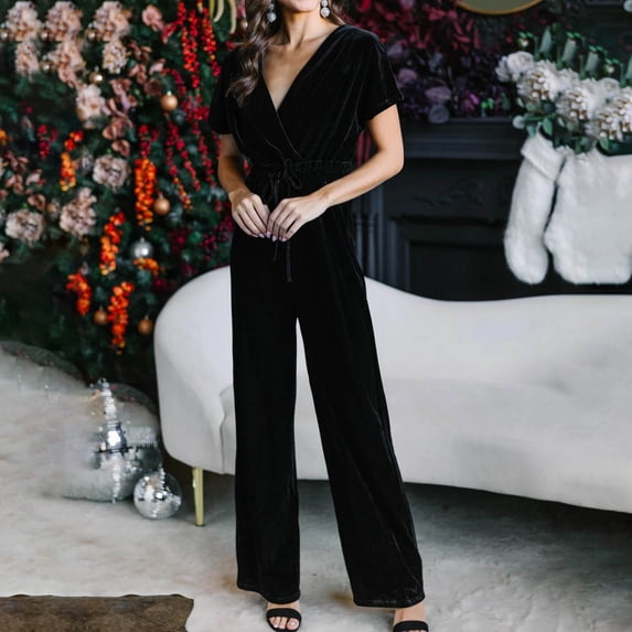 Yuwull Women's 2024 Velvet Formal Long Sleeve Wedding Guest Jumpsuits Wide Leg V Neck Romper Dressy with Belt Pocket