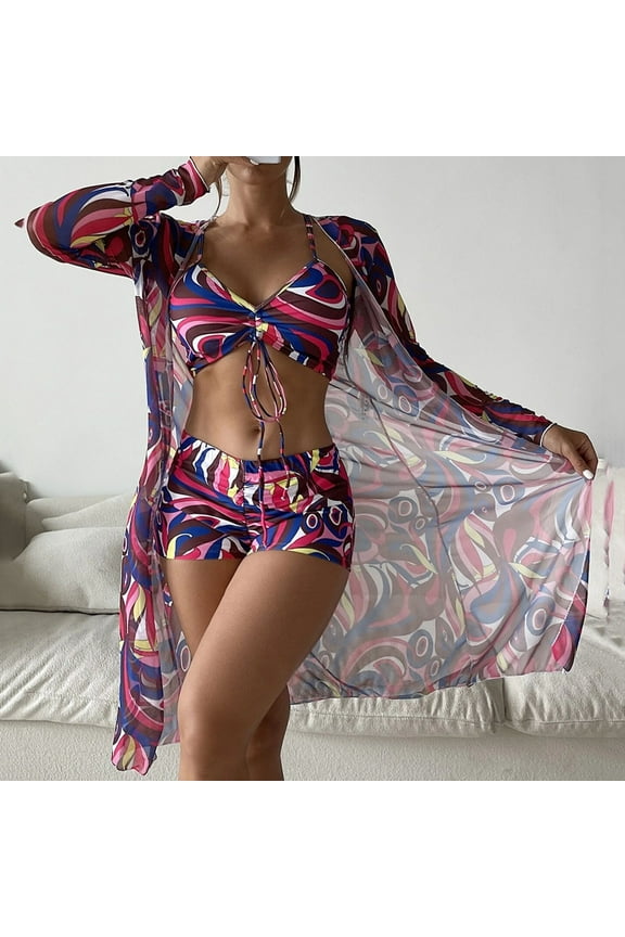 Women's Bikini Set Bathing Suit for Women 3 Piece Swimsuit Set Drawstring Bikini Set Long Sleeve UPF Cover Up Boho Boy Short Swimwear Set