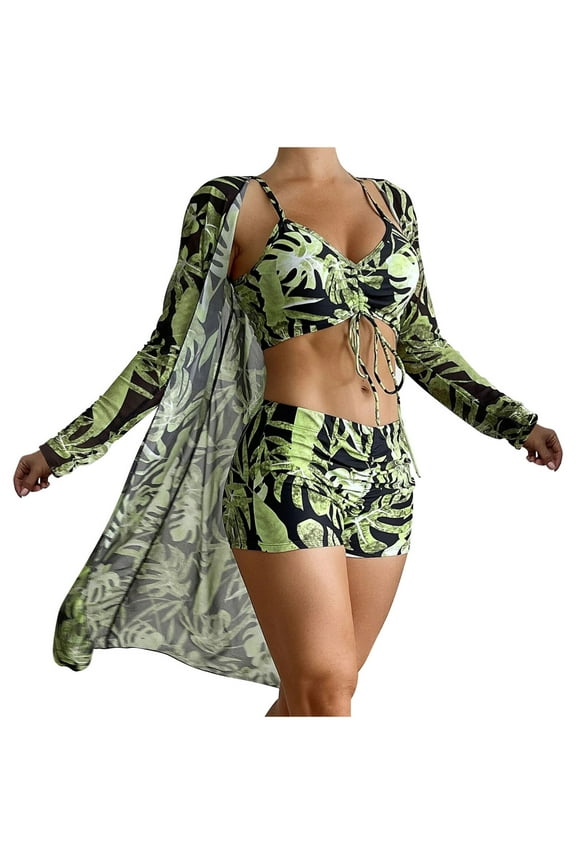 Women's Bikini Set Bathing Suit for Women 3 Piece Swimsuit Set Drawstring Bikini Set Long Sleeve UPF Cover Up Boho Boy Short Swimwear Set
