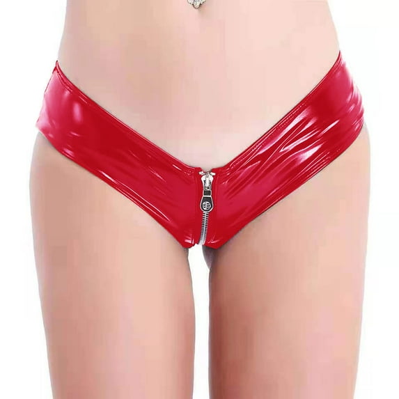 Yuwull Women's Black Latexs Outfit Patent Leather Bras Pvc Shorts Party Club Clubwear Women's Solid Color PVC Patent Leather Sexy Zipper Open Style Underwear