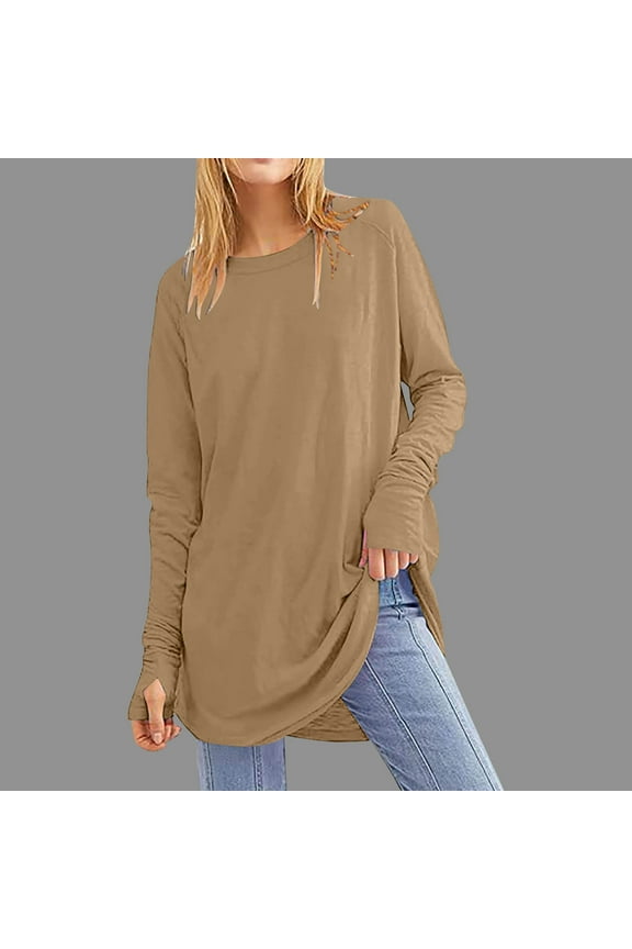 Women's Casual Long Sleeve Tops Crew Neck Round Hem Loose T-Shirts Tunic Tops with Thumb Holes
