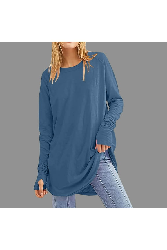 Women's Casual Long Sleeve Tops Crew Neck Round Hem Loose T-Shirts Tunic Tops with Thumb Holes