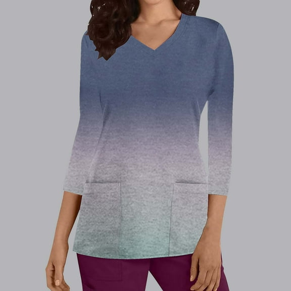 Yuwull Women's Casual V-neck Color Block 3/4 Sleeve Tops Gradient T-shirt Work House Scrubs Clothes With Pocket