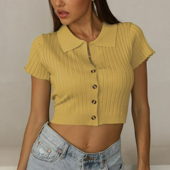 Yuwull Women's Crop Top Casual Turndown Collar Buttons-down Short Sleeve Solid Color Ribbed Blouse T-shirt Basic V-Neck Tops Yellow