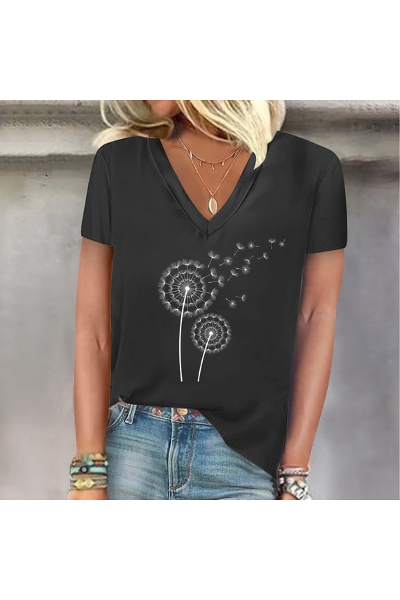 Women's Dandelions Print T Shirts Cute Graphic Tees Short Sleeve Summer V Neck Tee Tops