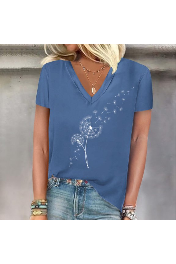 Women's Dandelions Print T Shirts Cute Graphic Tees Short Sleeve Summer V Neck Tee Tops