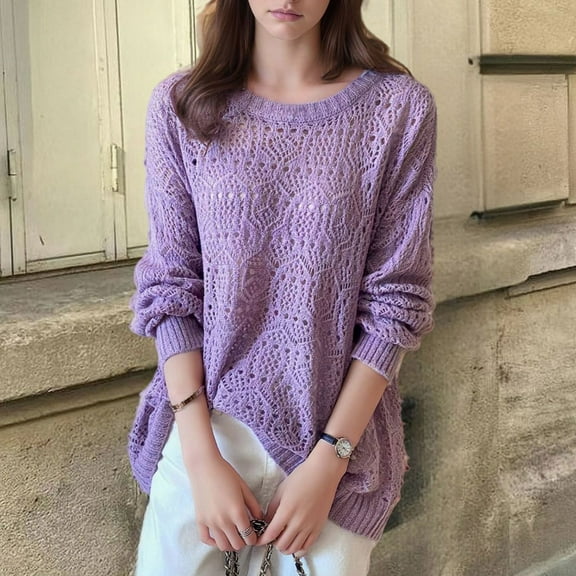 Yuwull Women's Fall Hollow Out Tunic Knit Sweater Pullover Casual Crew-Neck Top Winter Y2K Long Sleeve Sweater