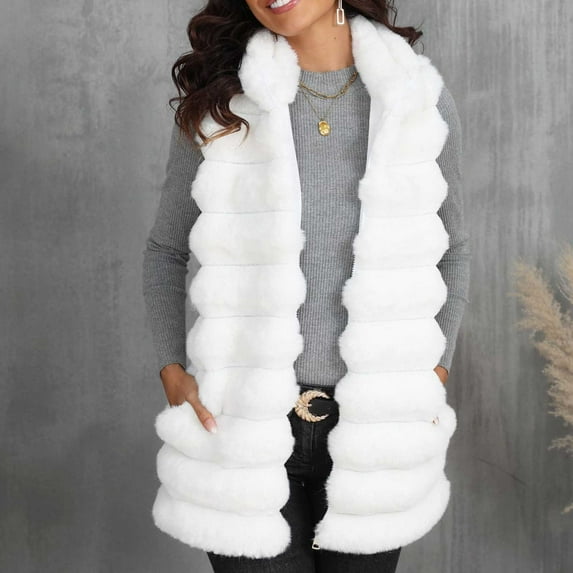 Yuwull Women's Faux Furs Vests Sherpas Fleece Gilet Sleeveless Casual Hooded Jacket Shearling Warm Fluffys Coat