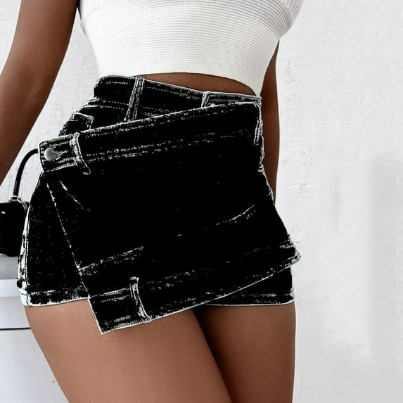 Yuwull Women's Mini Denim Skirts High Waist Irregular Slimming Jean Shorts Denim Culottes Short Summer Trendy Jean Skirt Black