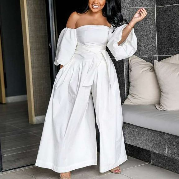 Yuwull Women's Oversize Off Shoulder Jumpsuit Summer Fashion Puff Sleeve Belted Elegant Streetwear Wide Leg Playsuit