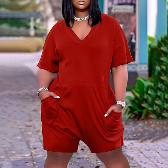 Yuwull Women's Plus Size Solid Color Elegant Short Sleeve V Neck Zip Romper Short Jumpsuits With Pockets Red Clearance