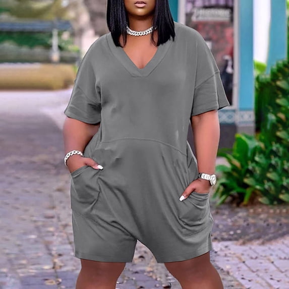Yuwull Women's Plus Size Solid Color Elegant Short Sleeve V Neck Zip Romper Short Jumpsuits With Pockets Red Clearance