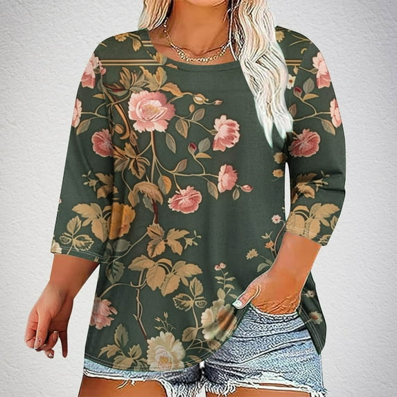 Yuwull Women's Plus Size Vintage Floral Printed 3/4 Sleeve Tops Crew Neck Three Quarter Sleeve T-shirt Loose Top