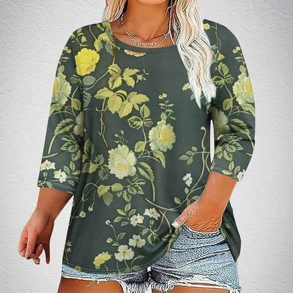 Yuwull Women's Plus Size Vintage Floral Printed 3/4 Sleeve Tops Crew Neck Three Quarter Sleeve T-shirt Loose Top