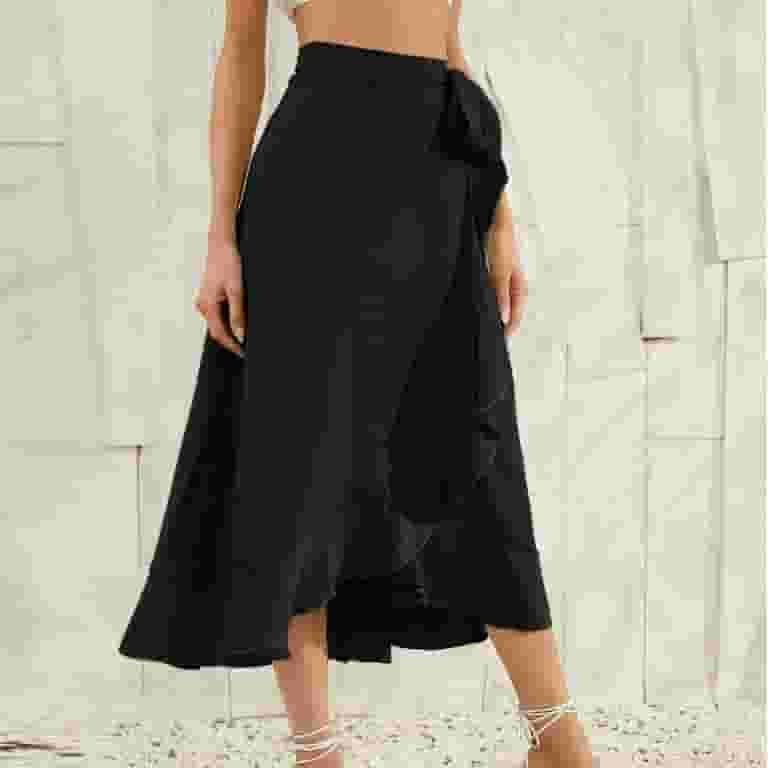 ◆BADBLOOD◆ Low Edge Midi Wrap Skirt Black w-skt25-003 Yuwull Women's Ruffle Skirts Boho Wrap Side Tie Knot Split
