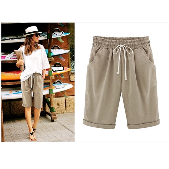 Yuwull Women's Summer Shorts Lace Up Elastic Waistband Loose Pants Solid Color Plus Size Shorts Cotton Linen Shorts with Pockets Orange