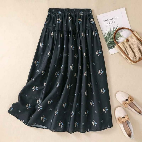 Yuwull Women's Summer Vintage Floral Printed A-line Elastic Waist Midi Skirt Cotton Linen Skirts For Women