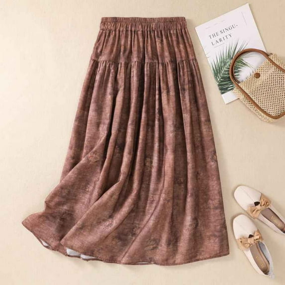 Yuwull Women's Summer Vintage Floral Printed A-line Elastic Waist Midi Skirt Cotton Linen Skirts For Women