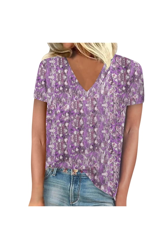 Women's Tie-Dye Printed V-Neck Short Sleeve Casual T-Shirt Tops Summer V-Neck Tops/Shirts Tee