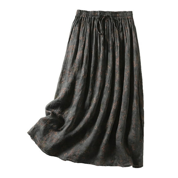 Yuwull Women's Vintage Floral Elastic Waist Tie Cotton Linen Double Layer A-Line Half-Body Skirt With Pocket
