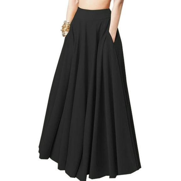 Yuwull Women's Vintage Stretch High Waist A-Line Flared Maxi Skirts with Pockets Solid Color Pleated Long Skirts Black