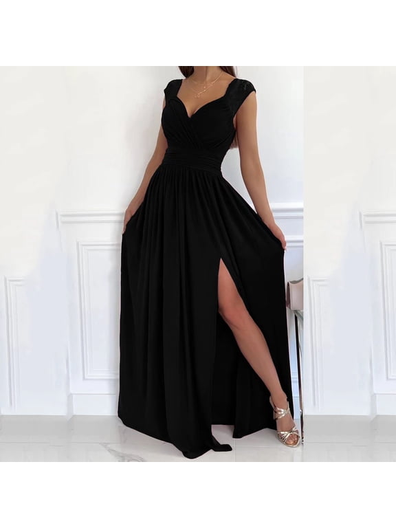 Womens Formal Dresses Wrap V-Neck Cocktail Dress for Women Ruched Side Split Bridesmaid Wedding Guest Maxi Dresses Black