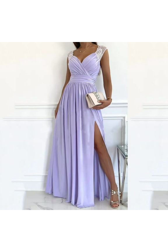 Womens Formal Dresses Wrap V-Neck Cocktail Dress for Women Ruched Side Split Bridesmaid Wedding Guest Maxi Dresses Purple