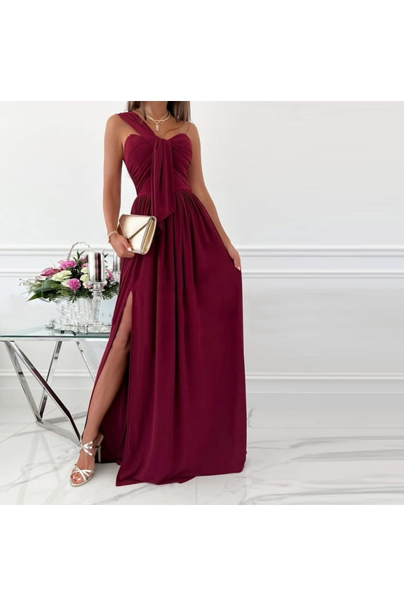 Womens Formal Dresses Wrap Single Shoulder Cocktail Dress for Women Ruched Side Split Bridesmaid Wedding Guest Maxi Dresses XL