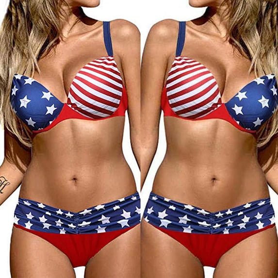 Yuwull Womens American Flag Print Plus Size Swimsuit Two Piece 4th of July Bathing Suit Patriotic Spit Bikini Set for Independence Day