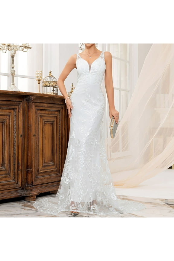 Womens Dresses Beach Dress Women'S Solid Color Sleeveless Sexy Banquet Wedding Dress Lace Perspective Grand Dress Plus Size Dress Clearance