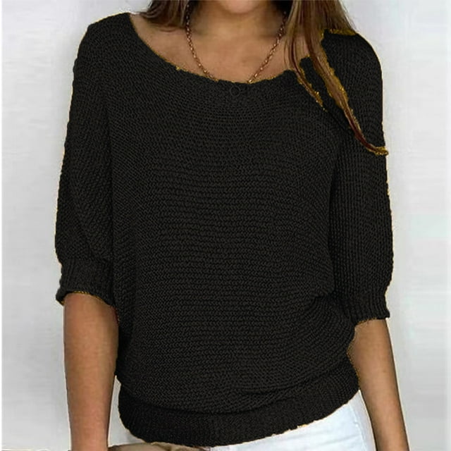 Yuwull Womens Fall Sweaters Womens Sweaters For Work Crewneck Long Sleeve Knit Tops Side Slit Pullover Sweater Jumper Black Sweater