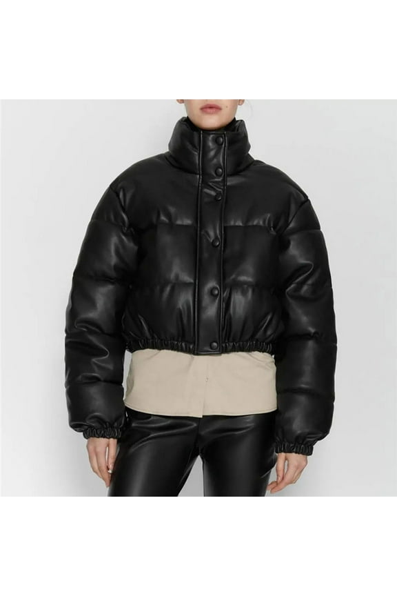 Womens Faux Leather Puffer Jacket Winter Long Sleeve Black Short Bubble Coat Women'S Leather Quilted Shorty Puffer