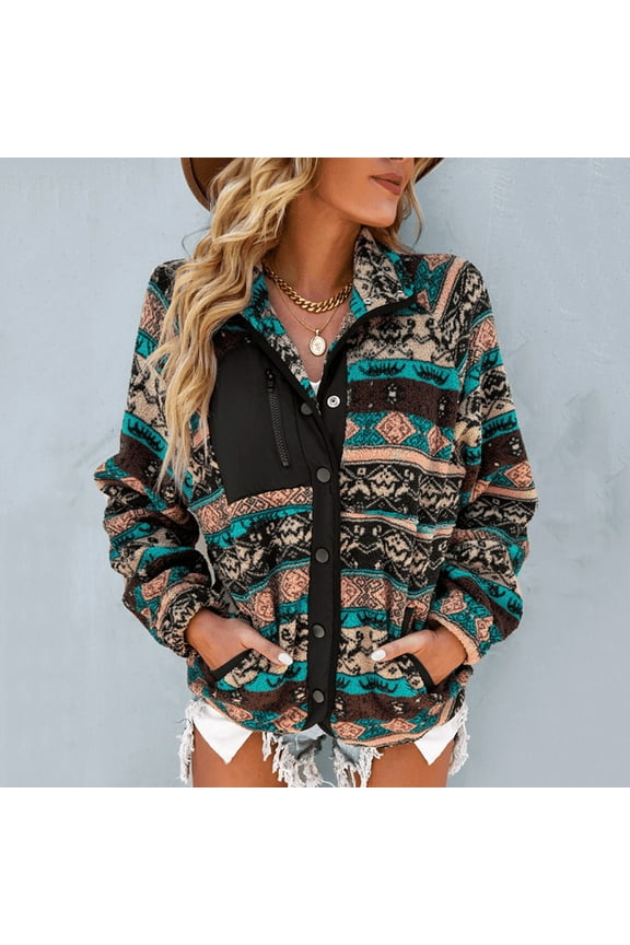 Womens Fleece Jacket Western Aztec Print Long Sleeve Snap Button Downs Shacket Jackets With Pockets