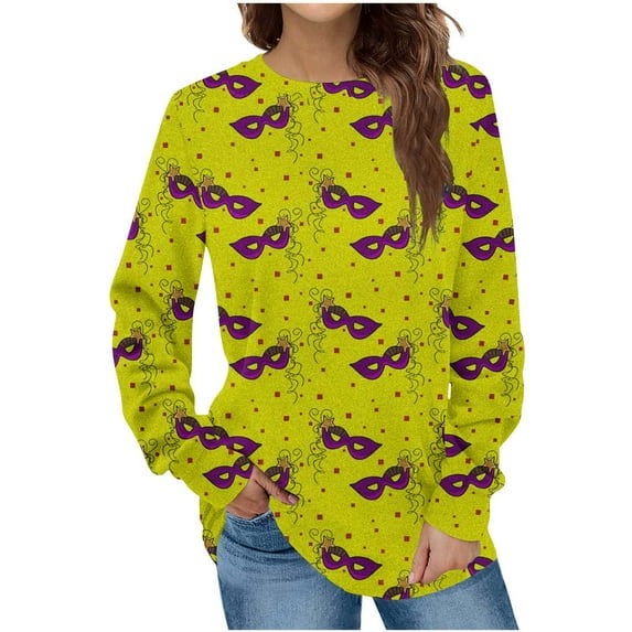 Yuwull Womens Mardi Gras Shirt Stripe Tuesday Tee Shirt New Orleans Carnival Party Long Sleeve Shirts Top