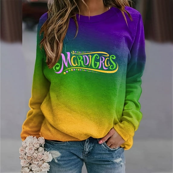 Yuwull Womens Mardi Gras Shirt Stripe Tuesday Tee Shirt New Orleans Carnival Party Long Sleeve Shirts Top