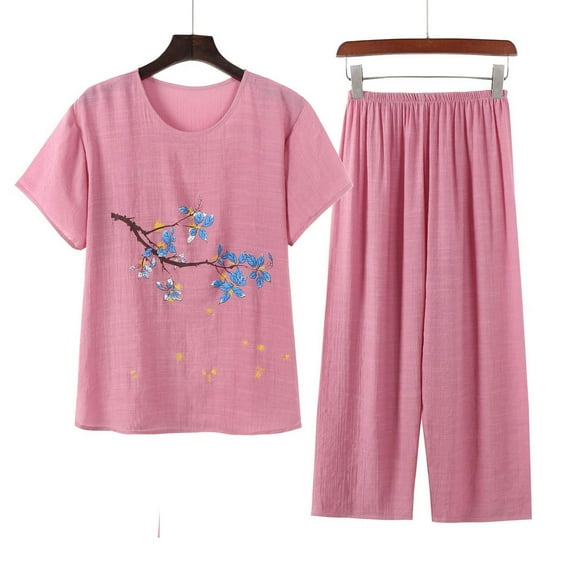 Yuwull Womens Pajama Sets, Women Pajama Sets Capris Pajama Sets for Women 2 Piece Casual Floral Printed Short-Sleeve Top Capris Pants Plus Size Comfy Summer Outfit Pjs Set Loungewear