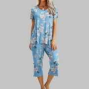 Yuwull Womens Pajamas Set Short Sleeve Crew Neck Top with Capri Pants with Pockets Casual Sleepwear Pjs Loungewear Sets Womens Sleepwear Christmas Pajamas On Clearance