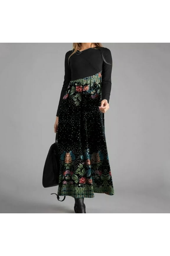 Womens Plus Size Fall and Winter Dresses Casual Long Sleeve Crew Neck Bohemian Dress Loose Fit Flowy Long Dress